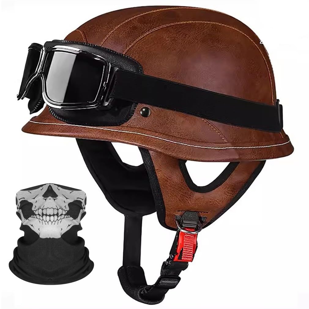 Deutsche Motorrad Halbhelme Leder Halbschalenhelm mit ECE Zertifiziert -Helm Mit Maske und Brille Herausnehmbares Innenfutter M~XL 57~62CM