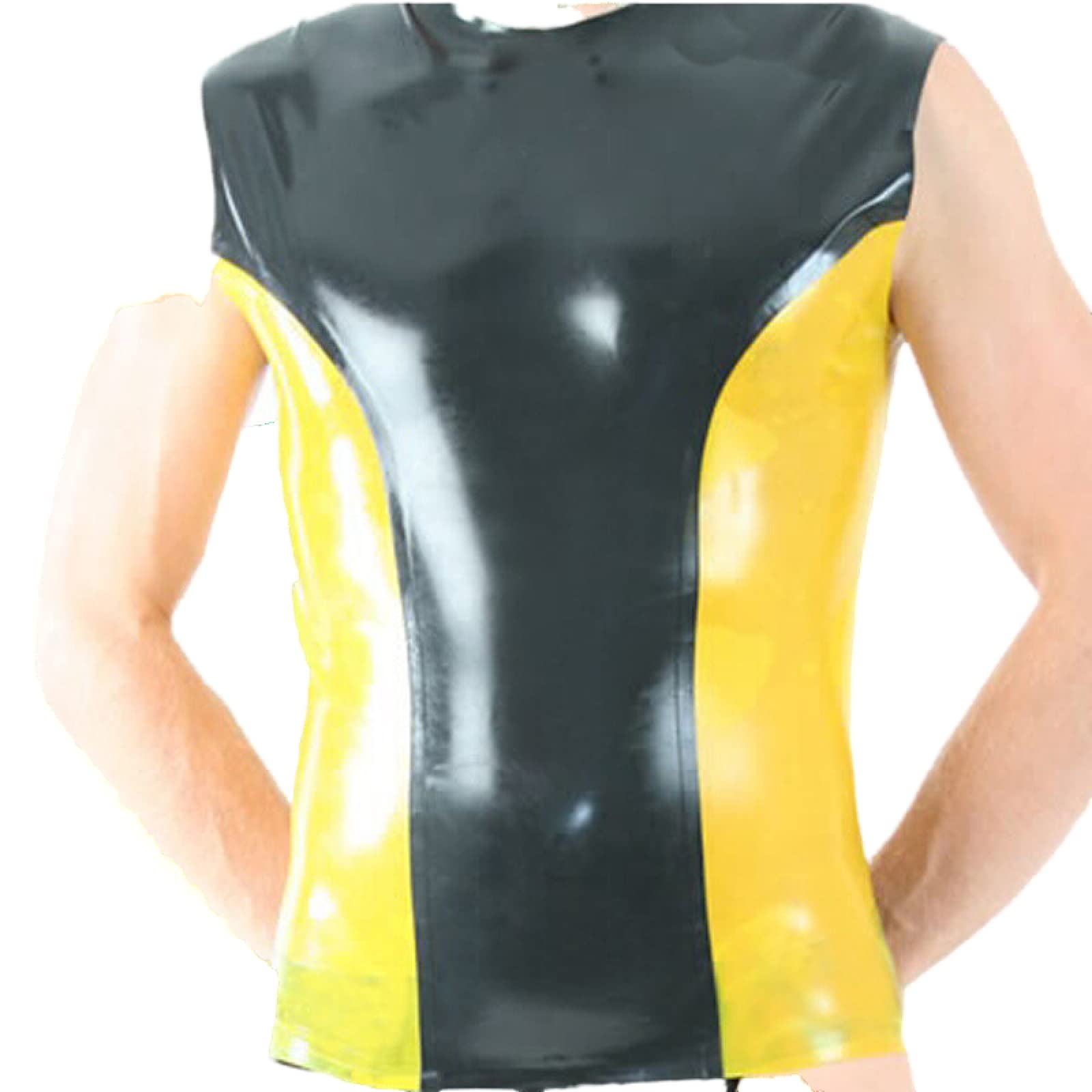 Schwarze und rote Verzierungen an zwei Seiten, sexy Latex-Westenhemden mit rundem Kragen, Gummi-Kleidungs-Tanktop,gelb mit schwarz,S