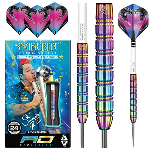 RED DRAGON Peter Wright Snakebite 1-24g Steel Dartpfeile mit Flights, Schafte & Red Dragon Checkout Card