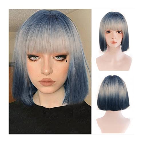 Perücken Kurze Bob-Perücke mit Pony Blonde gemischte blaue Gerade Bob-Perücke mit Pony Hitzebeständige synthetische Perücke Halloween-Party Cospaly Täglicher Gebrauch Damenperücke