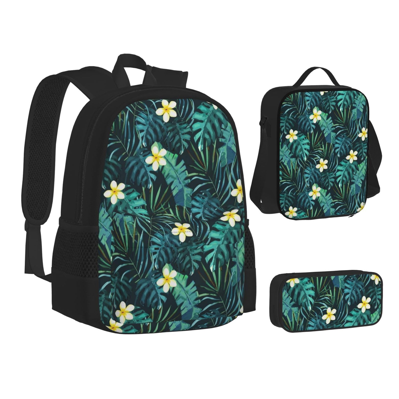 WURTON Lunchbox-Set mit Hawaii-Druck, 3-in-1-Büchertasche und Federmäppchen, passende Kombination, Schwarz, Einheitsgröße