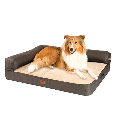 JAMAXX Premium 2-in-1 Hunde-Sofa - Orthopädisch Memory Visco, Abnehmbare Polster, Oeko-TEX Abnehmbarer Bezug Waschbar, Weiches Fleece oder Lammfell/Sherpa, PDB3014 (L) 120x90 braun+Sand Fleece