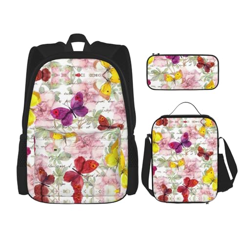 WURTON Schulrucksack-Set mit Schmetterlings-Aufdruck, 3-in-1-Büchertaschen-Set mit Lunchbox, Federmäppchen, Reise-Laptop, Tagesrucksäcke