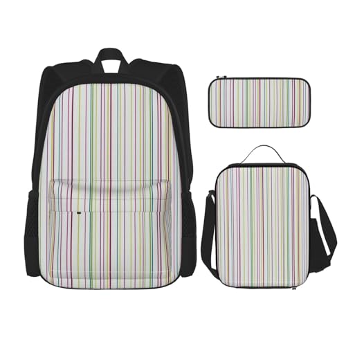 WURTON Gestreifter Rucksack Mädchen Jungen Schultaschen Teenager Lunchbox und Federmäppchen 3 in 1 Büchertaschen Set