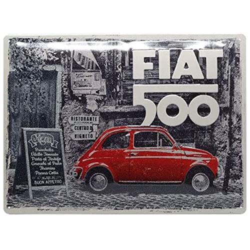 Nostalgic-Art Retro Blechschild, 30 x 40 cm, Fiat 500 – Red car in the street – Geschenk-Idee für Fiat Fans, aus Metall, Vintage Design