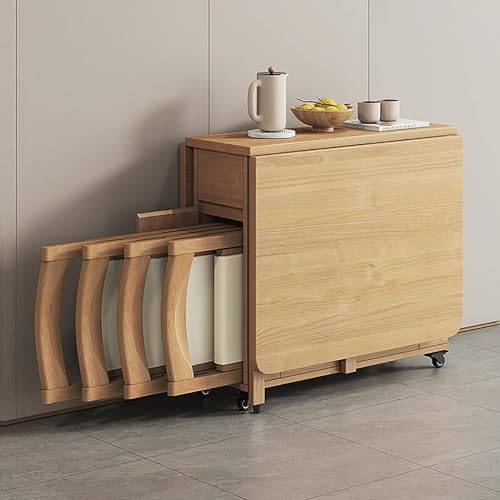 Gvqng Massivholz, Klappbar Esstisch Und Stuhlset, Ausziehbar Esstisch FüR Zuhause Klapptisch Mit 4 StüHlen Und Aufbewahrungsschublade, FüR Wohnzimmer, KüChe,A,140cm