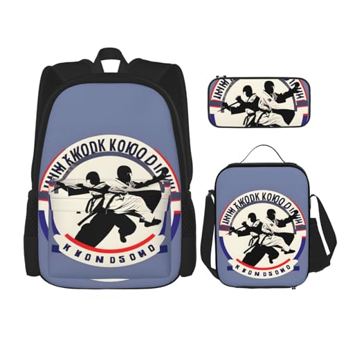 WURTON Taekwondo Design Print Lunchbox Federmäppchen Rucksack Set 3 Stück Verstellbare Träger Langlebig Leicht, Schwarz, One Size