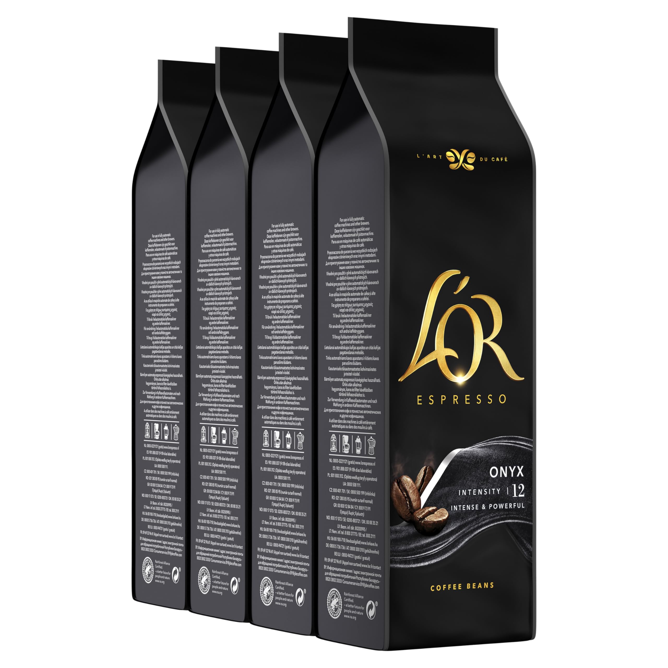 L'OR Espresso Koffiebonen Onyx (2 Kilogram, Intensiteit 12/12, 100% Arabica Dark Roast Koffie, UTZ Gecertificeerd), 4 x 500 Gram