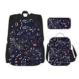 WURTON Trendiger Rucksack mit Sternbild, Lunchbox, Federmäppchen, 3-in-1, verstellbares Rucksack-Set, Schwarz , Einheitsgröße