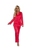 FOREX Lingerie eleganter Satin-Pyjama Schlafanzug Hausanzug im klassischen Still (XL, Rot)