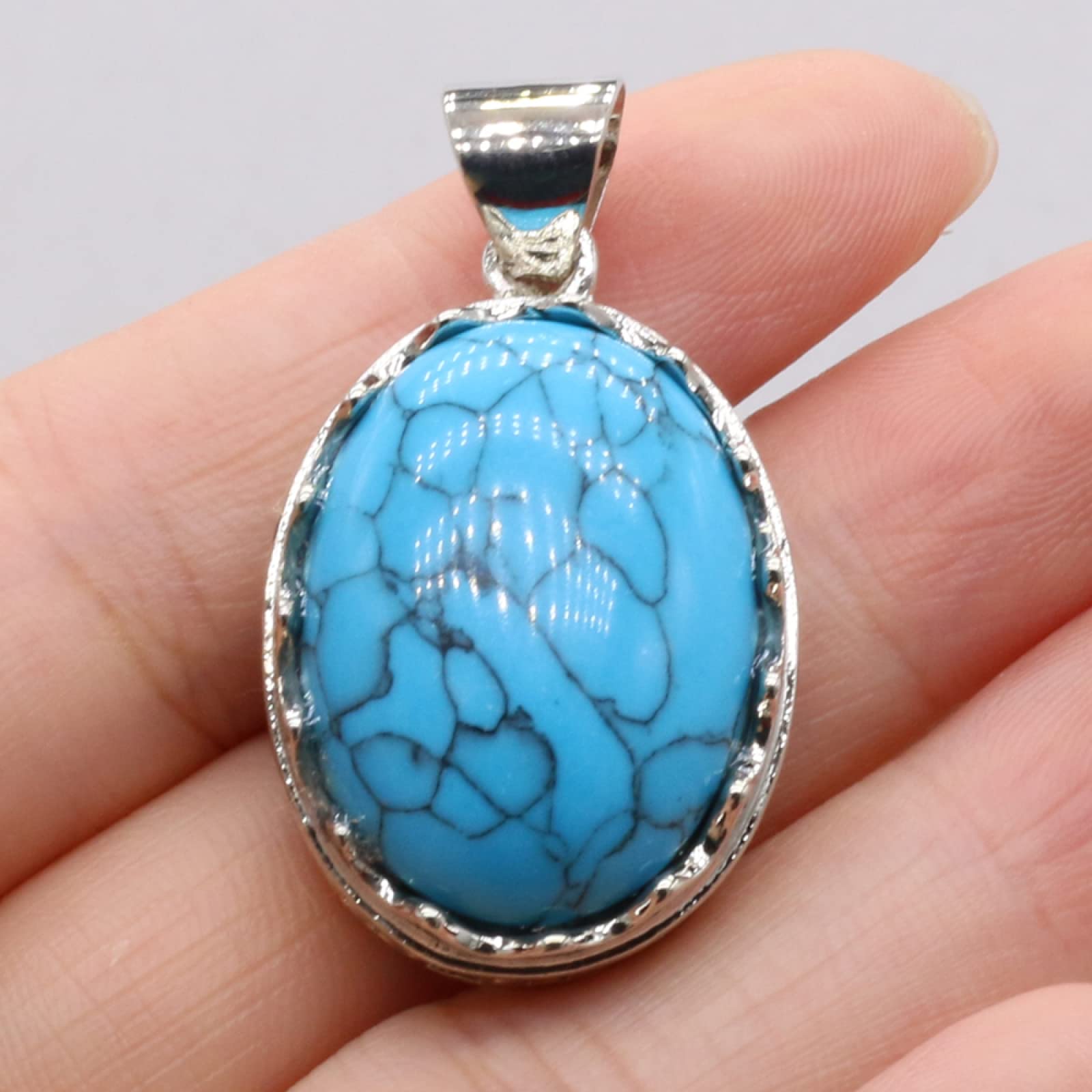 Naturstein Muschel Anhänger Ei Cabochon Perlen Amethysten Tigerauge Abalone Muschel Charms für DIY Halskette,Turquoise 1