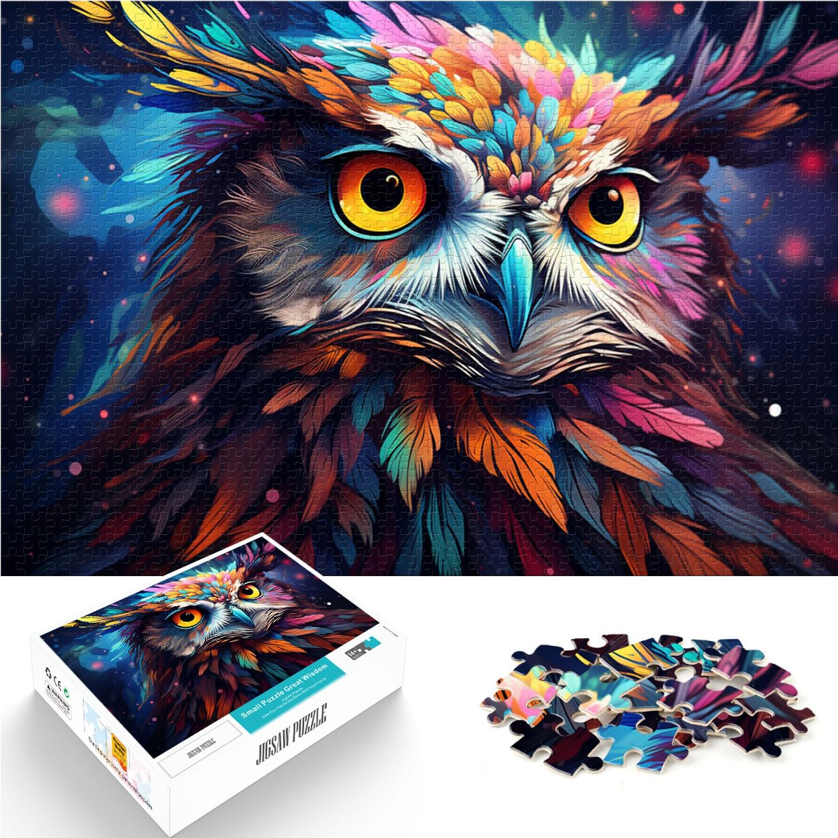 Puzzle für Fantasie, farbenfroher Sternenhimmel, Eule, Puzzle für Erwachsene, 1000 Teile, Holzpuzzle, einzigartiges Herausforderungsspiel, 1000 Teile (50 x 75 cm)