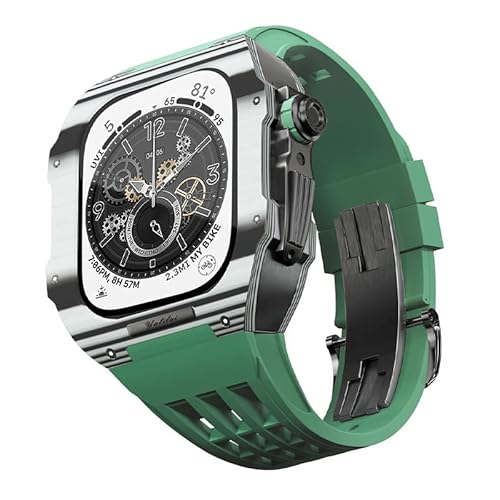 KANUZ Fluorkautschuk-Armband + Kohlefaser-Gehäuse, Modifikationsset, für Apple Watch Serie 8, 7, 45 mm, Kohlefaser-Benzel und Gummiband für iWatch SE 6, 5, 4, 44 mm, Ersatz und Upgrade (Farbe: 27,