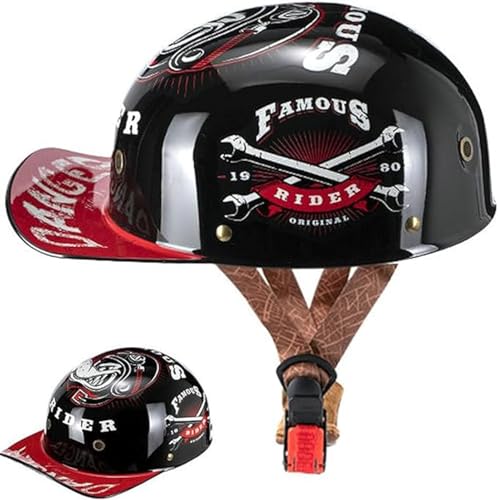 Vintage Retro Open Face Motorradhelm ECE-Zertifiziert Baseballkappe Halbhelme Herren Damen Für Moped Cap Jet Scooter Street Cruiser A,M=(53~56cm)