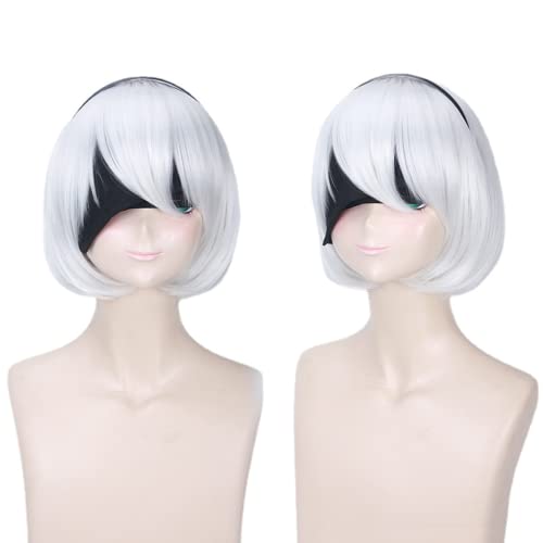 LINLINCD-Anime Coser Anime Game Cosplay Nier Automatas 2B 9S Perücken weißes kurzes Haar mit Perückenkappe for Halloween Party Karneval Nachtleben