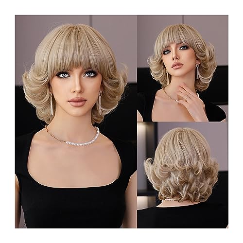 Perücken Tägliche Party-synthetische gerade hellblonde Perücken, hitzebeständige kurze silbrig-blonde Retro-Bob-Perücke mit Pony for Frauen Damenperücke(Color:MW1062-1)