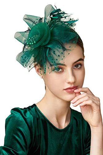 BABEYOND Fascinators Hüte Damen Schleier Stirnband und Einer Gegabelten Clip Tea Party Kopfbedeckung(Dunkelgrün)