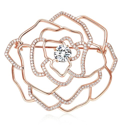 Brosche Rose Gold Farbe Blume Broschen Vintage Anzug Pins Kristall Zirkonia Broschen Frauen Luxus Schmuck Zubehör (Color : Rose Gold)