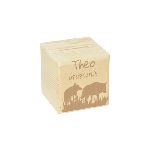 CHICCIE Spardose Personalisiert zur Geburt Wölfe Name & Datum 10x10cm Holz