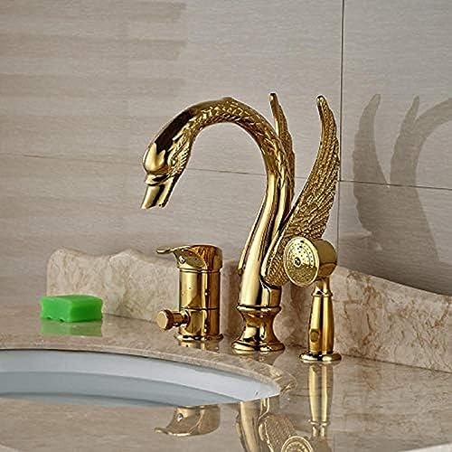 AJYBYUKJ Luxus Golden Messing Bad Schwan Wasserhahn Umsteller mit/Hand Sprayer Mischbatterie Beauty Comes