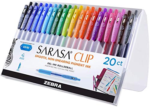 Zebra Pen Sarasa Clip Retractable Gel Ink Pens, Fine Point 0.5mm, Assorted Color Water Based Ink, 20-Count