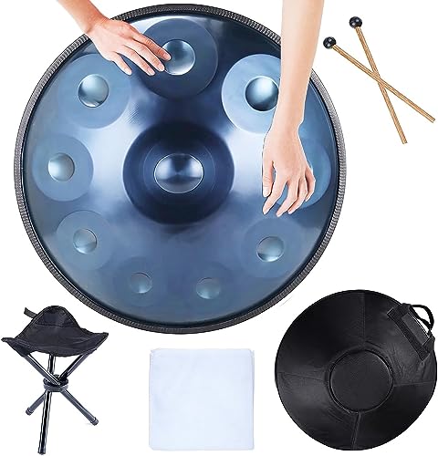 9/10/12 Hinweis Handpfannentrommel, 22 Zoll in d-Moll Handtrommel, Steel Drum Percussion mit Handpan-Ständer und weiche Handpan-Tasche, Handtrommel aus Stahl für Erwachsene,Blau,10 Notes