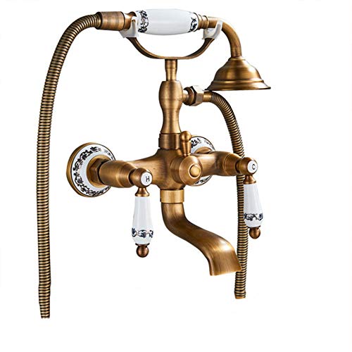 Badewannenarmatur - Badewanne Wasserhahn, Antiker Wand-Duscharmatur Mit Handbrause, Zweigriff Messing Wannenarmatur, Mit Keramikkartusche - Wandhalterung, Aufputz Wannenmischer - Dusche Set, Bronze