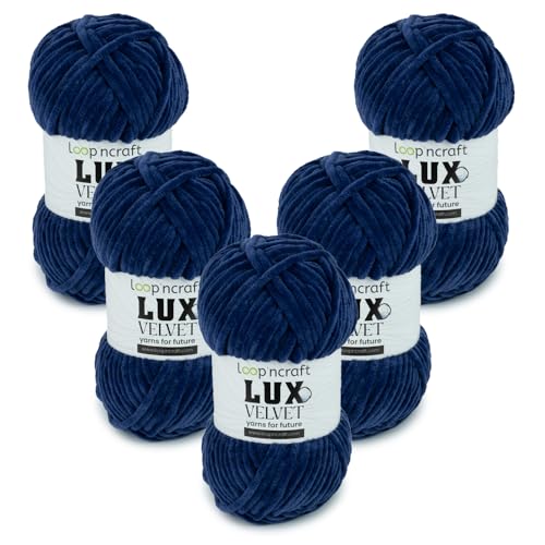 Chenille Wolle 5er-Set, Marineblau, Loopncraft, 5 X 100g, Lux Velvet, Super Weiches Samtgarn