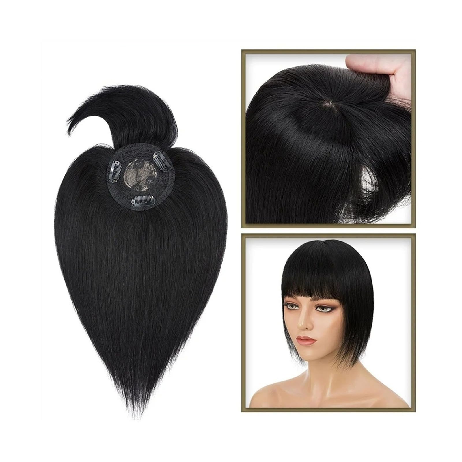 Haartopper für Frauen Haaraufsätze for Frauen mit dünner werdendem Haar, 10–20 Zoll glatter Echthaaraufsatz mit Pony, 150% Dichte, 8,5 x 8,5 cm Seidenbasis, Clip-in-Topper-Haarteile Haarteil Topper T