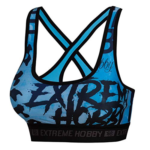 Extreme Hobby Letters, Damen Sport BH Stärker Halt, Blau, Bustier Bralette, Thermoregulationssystem, Trainings-BH, Sport Top, Sportunterwäsche, Thermoaktiver Sport-BHS, Sport Oberteile, M