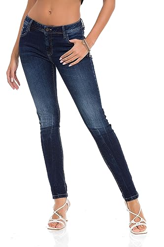 Cipo & Baxx Damen Jeans Hose Slim Fit Straight Denim Pants WD443 Dunkelblau W28 L32