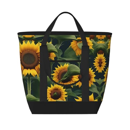 YQxwJL Isolierte Kühltasche mit Pflanzenmotiv und Sonnenblumen-Druck, großes Fassungsvermögen, Einkaufstasche, Reisetasche, Strand, wiederverwendbare Einkaufstasche für Erwachsene, Schwarz,