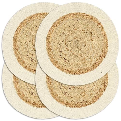 Sufrk Tischsets 4 Stk. Uni Natur 38 cm Rund Jute und Baumwolle Tischsets Platzsets Abwaschbar