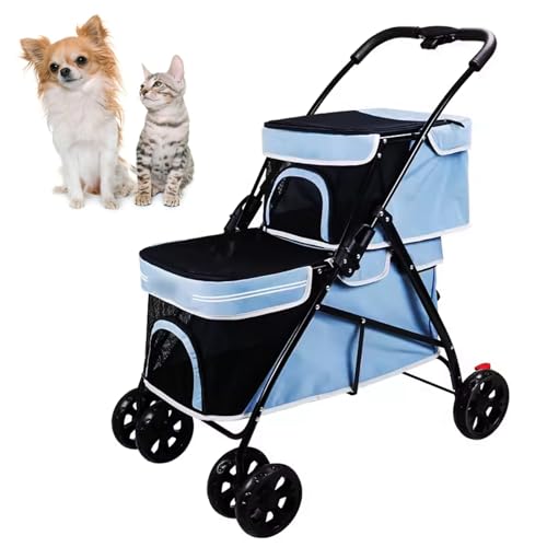 KKXXYQFC Zusammenklappbarer Haustier-Kinderwagen, Hunde-Kinderwagen, Doppeldecker-Haustier-Kinderwagen, 4 Räder, leichter Hundewagen mit Sicherheitsgurt und Netzfenstern, Hunde-Jogging-Kinderwagen