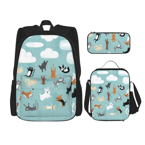 WURTON Rucksack mit Aufdruck "Raining Cats & Dogs", 3-in-1, Büchertaschen-Set, Lunchbox, Federmäppchen, Reise-Laptop-Tagesrucksäcke, Schwarz, Einheitsgröße