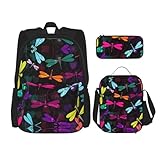 WURTON Niedlicher Libellen-Druck, trendige Rucksacktaschen, Lunchbox und Federmäppchen, 3-in-1 verstellbares Rucksack-Set, schwarz, Einheitsgröße, Schwarz , Einheitsgröße