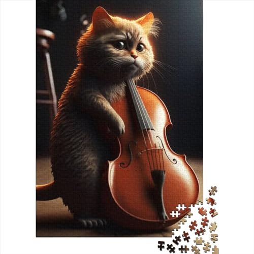 Puzzle 1000 Teile, Katze spielt Cello, Holzbrett-Puzzle, Familienunterhaltungsspielzeug (Größe 75 x 50 cm)