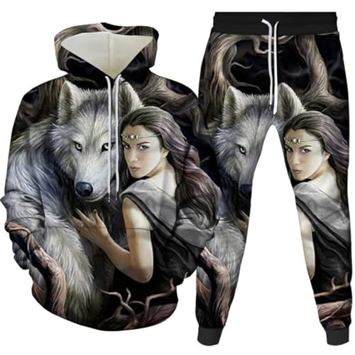 RIAAJ 3D wolf Jogginganzug Herren Jogging Sportanzug Fitness Sporthose Hose Hoodie Herren Trainingsanzug Zweiteiliges Set Freizeitanzug mit Löwen Tigermuster Sportsw (A12,XL)