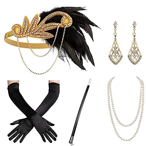 Yeselino Flapper-Zubehör für Damen, Party-Kostüm, Stirnband, Halskette, Ohrringe, Handschuhe, Halter für Cocktail-Party, Abschlussball