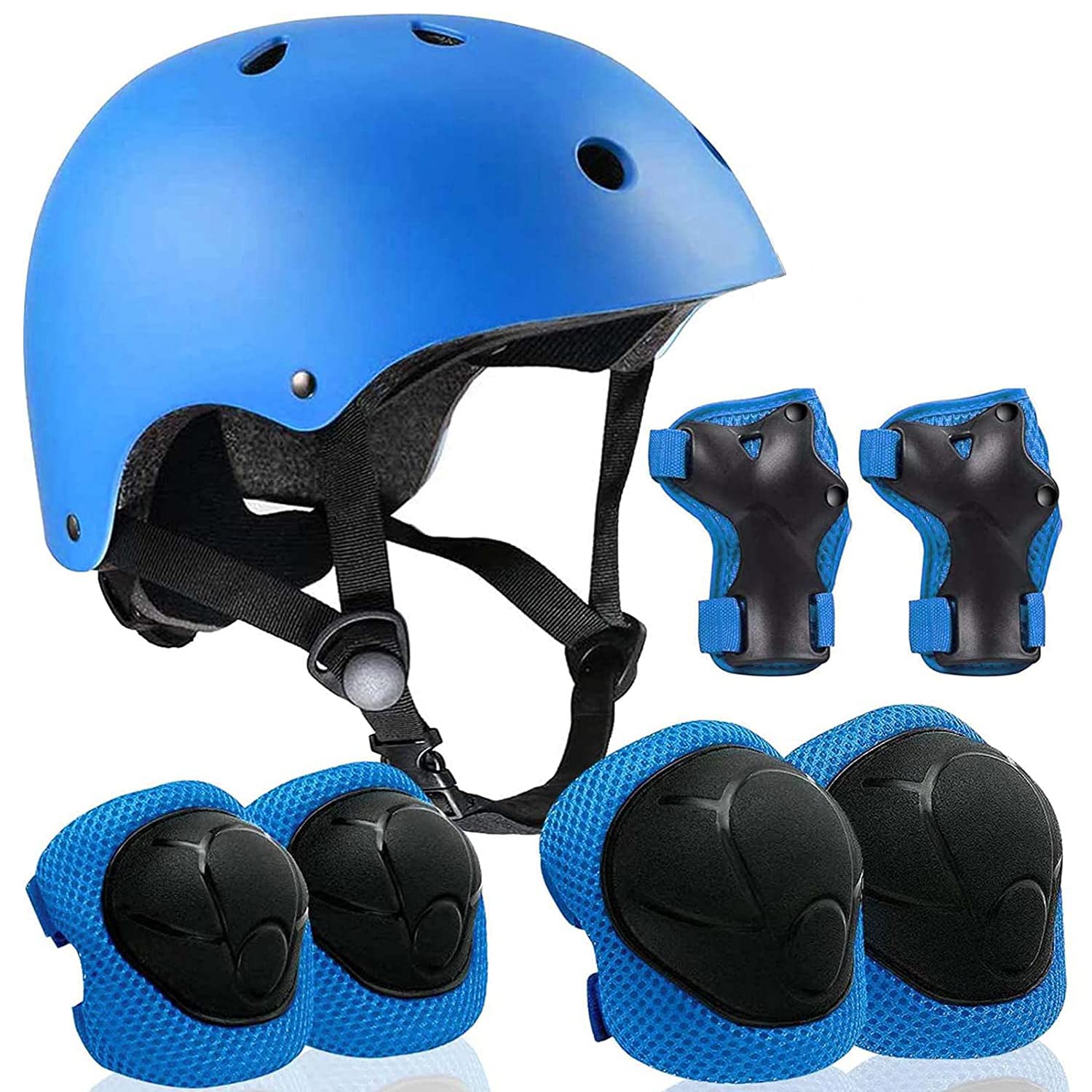 LOVMEAD 7 in 1 Schoner Set Kinder mit Helm für 3-8 Jahre, Einstellbar Protektoren Set Inliner Kinder mit Knieschoner Handgelenkschoner Ellenbogenschoner für Skate Skateboard Roller Radfahren (Blau)