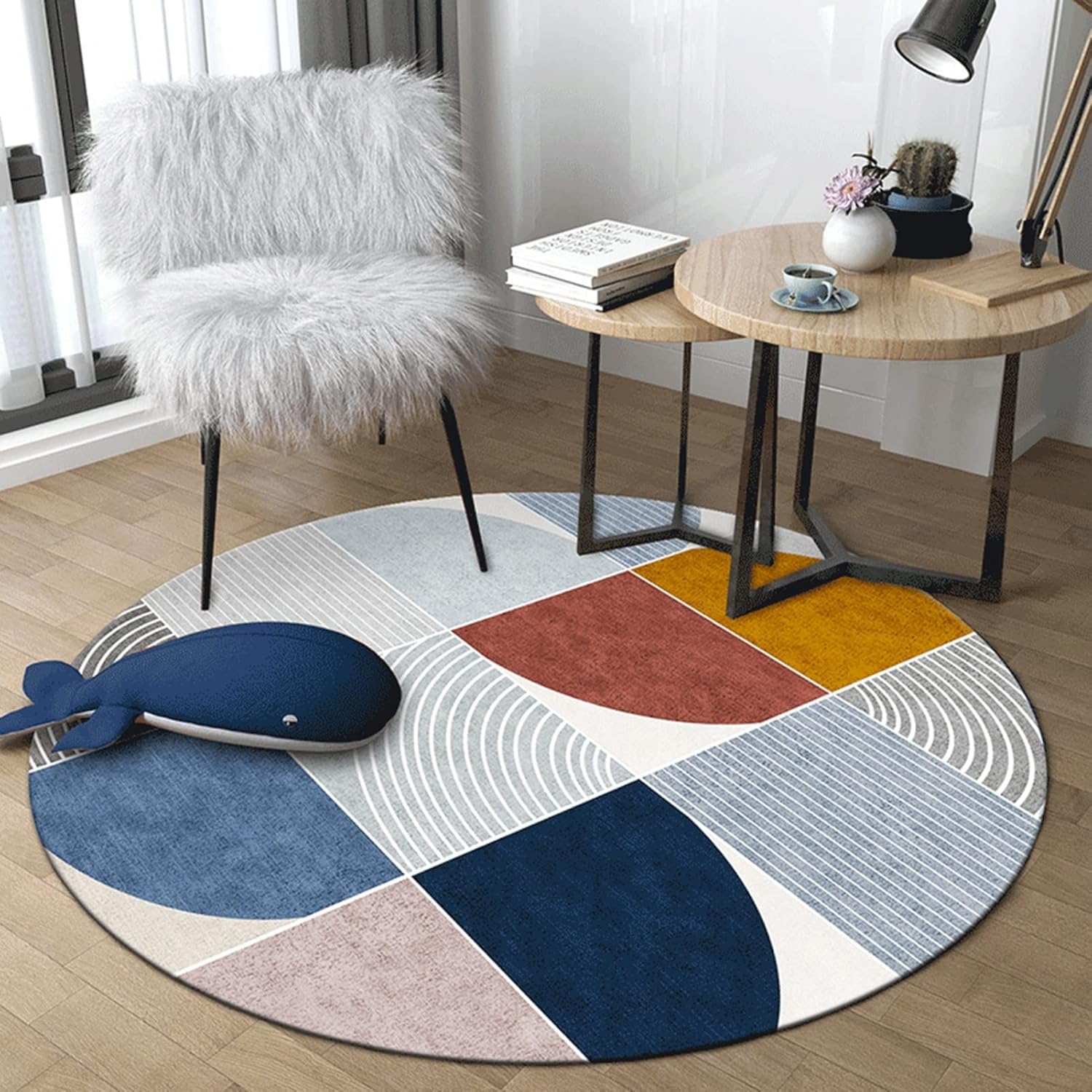 Runder Teppich mit geometrischem Muster – Moderne Wohnzimmer-Stuhlmatten, runder Teppich für Schlafzimmer, Nachttisch, Yogamatte – Vs, Durchmesser 160 cm/5,2 Fuß