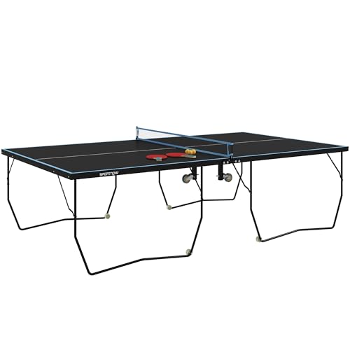 SPORTNOW Tischtennisplatte, Klappbar Tischtennistsich mit Netz, Rollen, 2 Tischtennisschlägern und 3 Bällen, Stahl, Schwarz, 274 x 152,5 x 76 cm