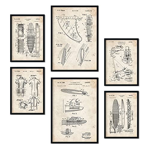 Nacnic Set von 6 Plakaten mit Surfen Patenten. Plakate mit Retro-Patentabbildungen. Inneneinrichtung im Vintage-Stil. Grösse A4 und A3. Mit Rahmen.