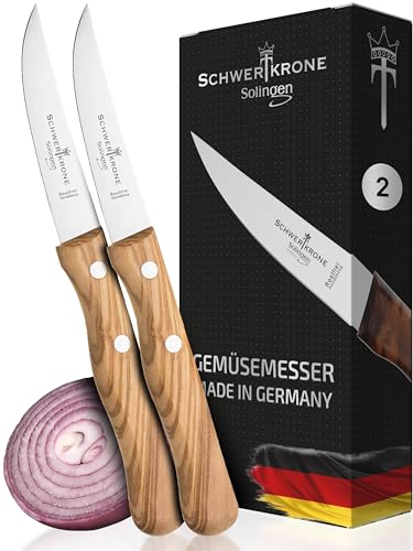 Schwertkrone Küchenmesser Set Solingen - Obst- & Gemüse-Messer, 2er Set, Edelstahl, rostfrei, Olivenholz, Rückenspitz 3''