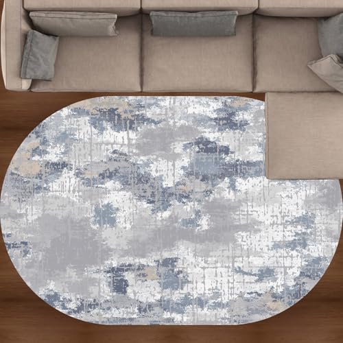 KTYUTJDH Teppich Wohnzimmer Kurzflor Weich Waschbar Zimmer Deko aesthetic Schlafzimmer,Blaugrau, Hellgrau, Gelb Weiß Abstrakt Modern,Gray,Oval 100 x 160 cm