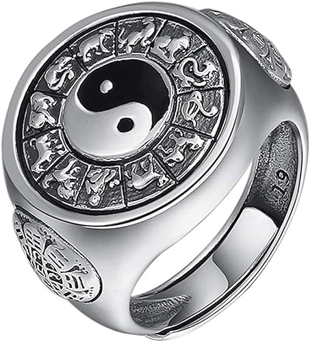 Zehenring Vintage Emaille 925 Sterling Silber Antikes chinesisches Symbol Yin Yang Spinnerring mit 12 chinesischen Tierkreiszeichen for Männer Frauen offen und verstellbar(58mm)