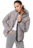 MARIKOO Damen Winterjacke Steppjacke Winter Jacke gesteppt warm mit Kapuze B977 [B977-Shimo-Grau-Gr.L]