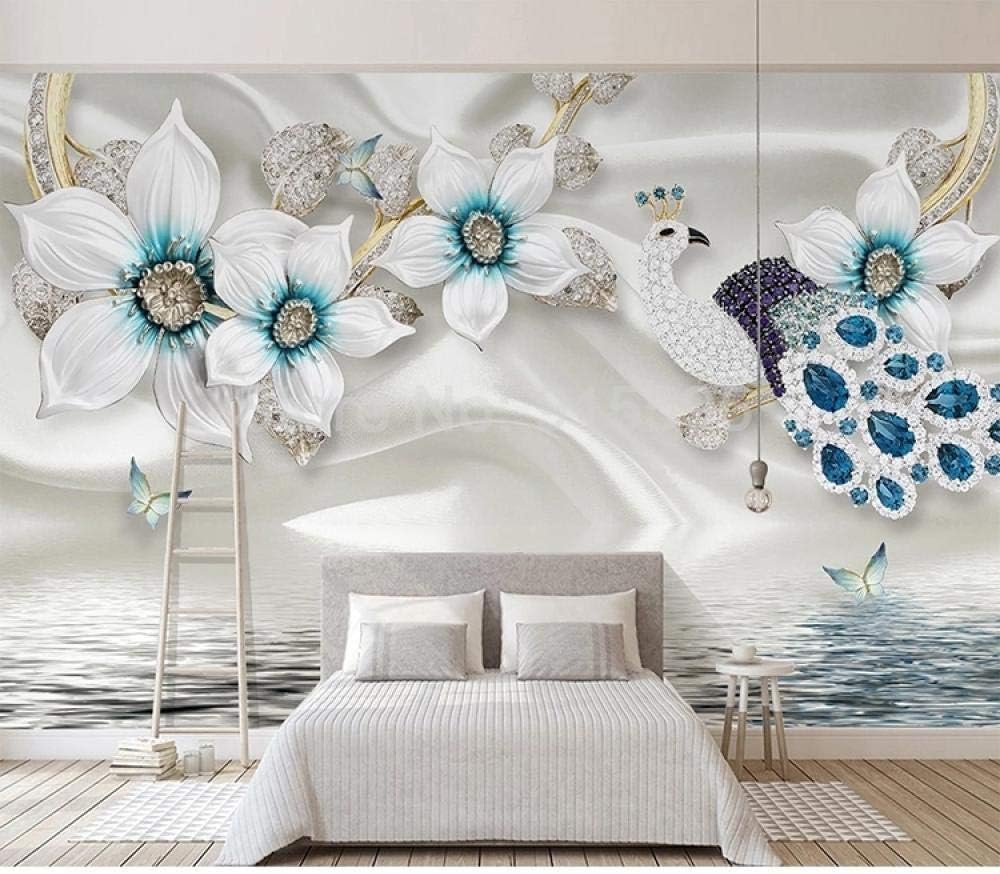 Weiße Blumen Schmuck Diamanten Pfau 3D Tapete Poster Restaurant Schlafzimmer Wohnzimmer Sofa TV Dekorative Wand-350cm×256cm