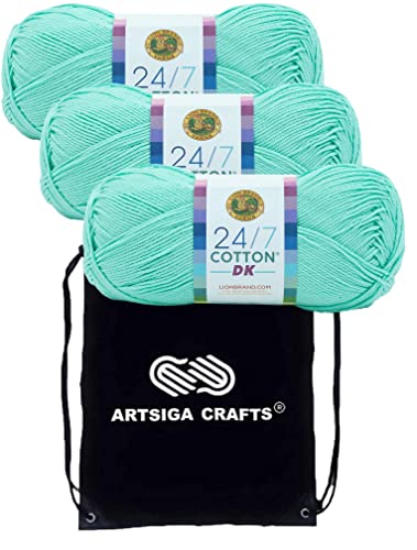 Lion Brand 24/7 Cotton DK Fresh Mint 769-171 (3 Knäuel – gleiche Farblose) DK Light Worsted #3 Baumwollgarn zum Häkeln und Stricken, Bündel mit 1 Artsiga Craft-Projekttasche