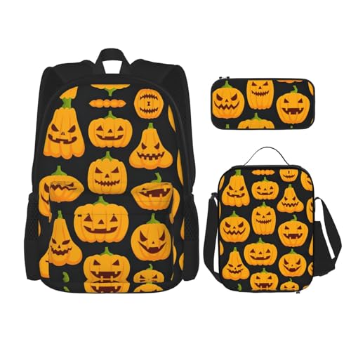 WURTON Halloween Kürbis Muster Druck Schulter Rucksack 3 in 1 Büchertasche Set Lunchbox Federmäppchen Reise Laptop Tagesrucksäcke, Schwarz, Einheitsgröße